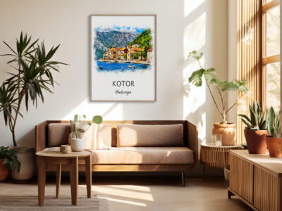 Cozy living room with Kotor poster and plants.