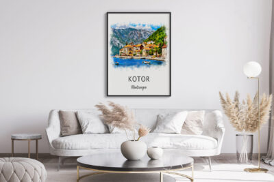 Modern living room with Kotor Montenegro artwork.
