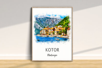 Framed watercolor of Kotor, Montenegro coastline