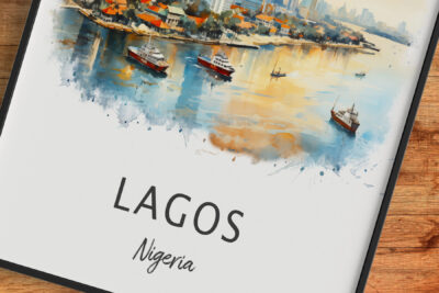 Artistic Lagos waterfront illustration with ships, Nigeria