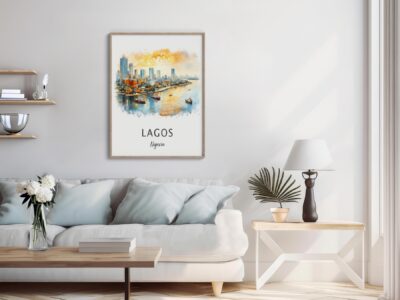 Modern living room with Lagos skyline artwork.