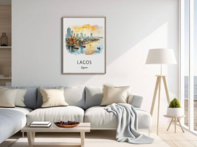 Modern living room with Lagos city art.