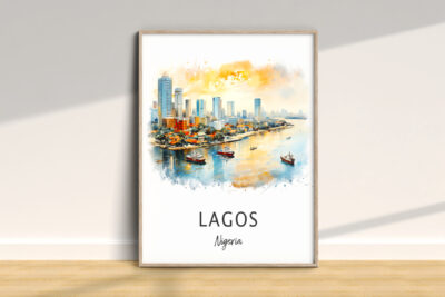 Watercolor of Lagos cityscape with harbor.