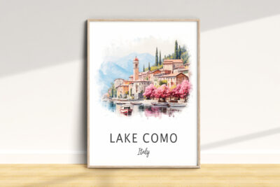 Lake Como watercolor painting, Italy landscape art.