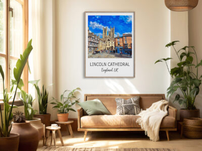 Stylish living room with Lincoln Cathedral artwork.