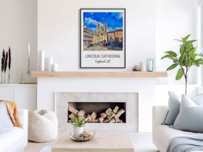 Modern living room with Lincoln Cathedral art.