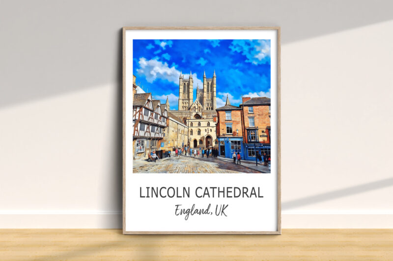 Lincoln Cathedral framed artwork, England, historic architecture.