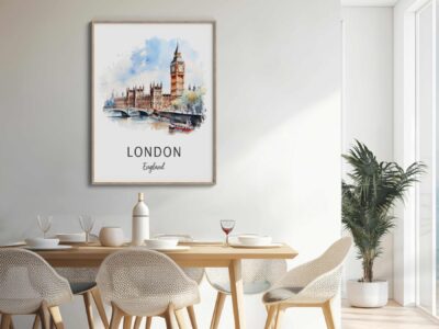 Modern dining room with London artwork on wall.