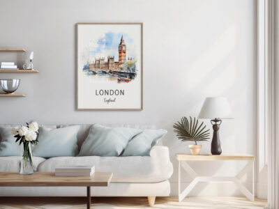 London artwork in modern living room setting.