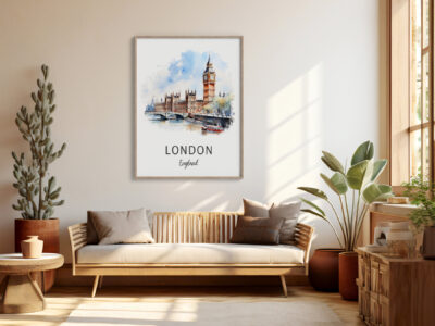 Cozy living room with London wall art.