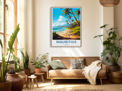 Cozy living room with plants and Mauritius poster.