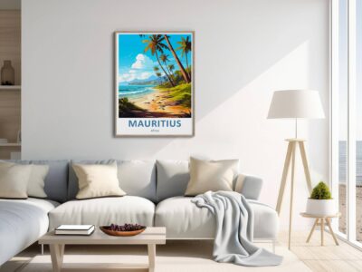 Living room with Mauritius beach poster decor.