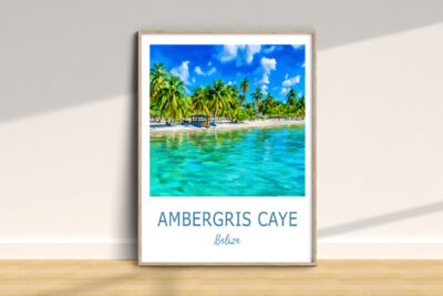 Ambergris Caye wall art with ocean and palm trees.
