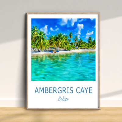 Ambergris Caye wall art with ocean and palm trees.