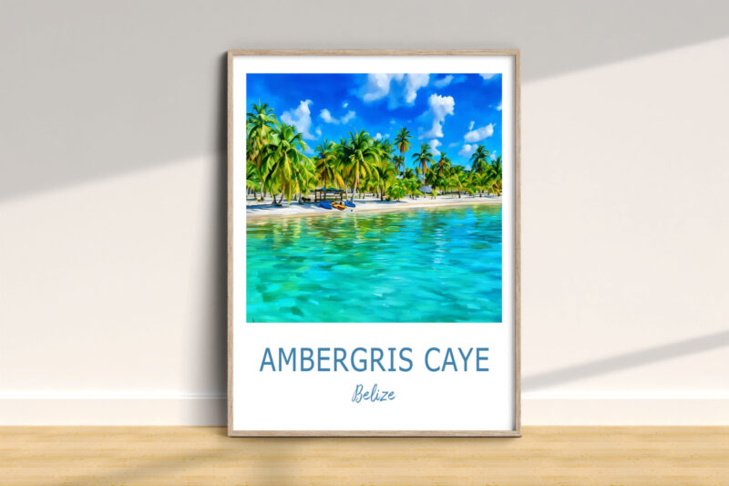 Ambergris Caye wall art with ocean and palm trees.