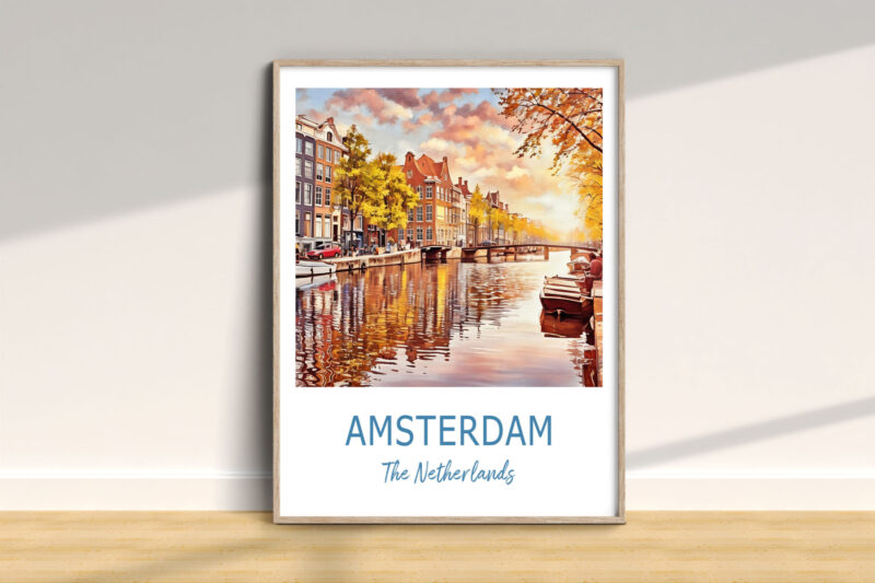 Framed Amsterdam canal scene art print on wall.
