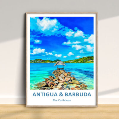 Antigua & Barbuda Caribbean travel poster, ocean view