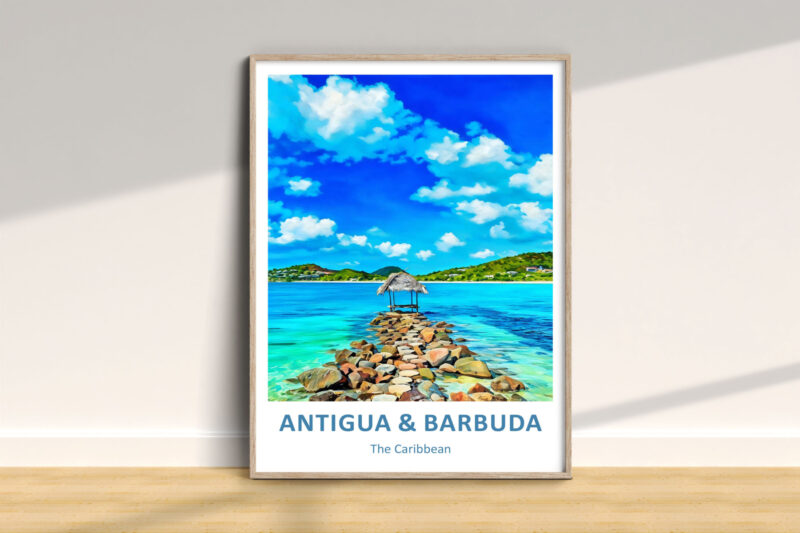 Antigua & Barbuda Caribbean travel poster, ocean view
