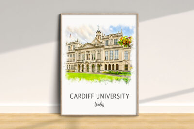 Illustrated Cardiff University building in frame.