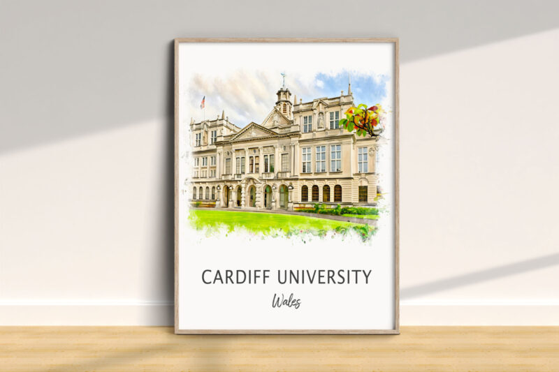Illustrated Cardiff University building in frame.