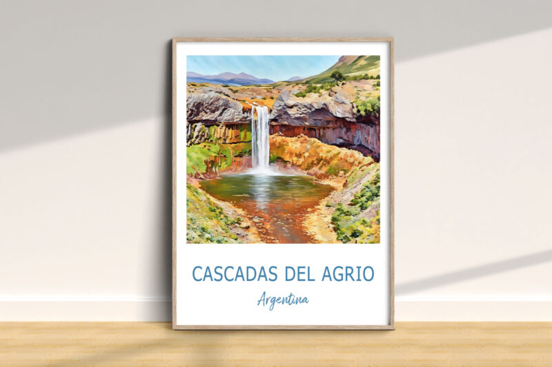 Painting of Agrio Falls, Argentina in frame.