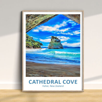 Cathedral Cove beach landscape poster in a frame.