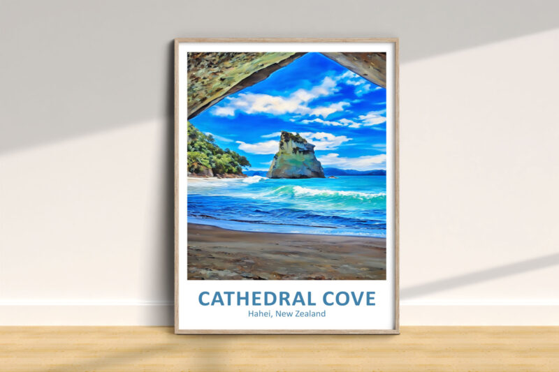 Cathedral Cove beach landscape poster in a frame.