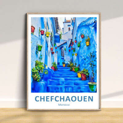 Colorful alley in Chefchaouen, Morocco wall art.