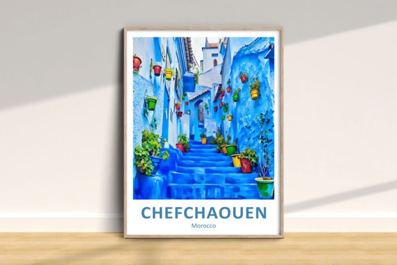 Colorful alley in Chefchaouen, Morocco wall art.