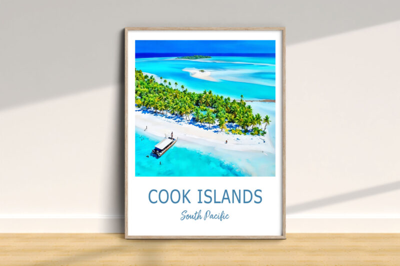 Framed Cook Islands beach poster on wooden floor.