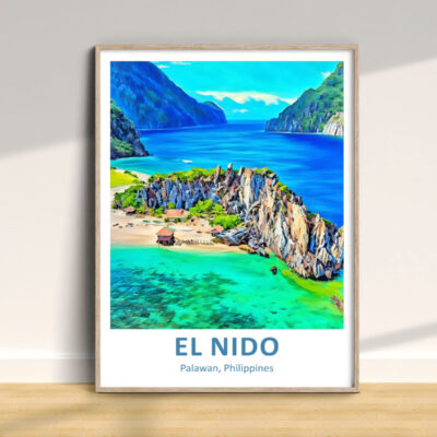 Colorful El Nido landscape illustration in frame.