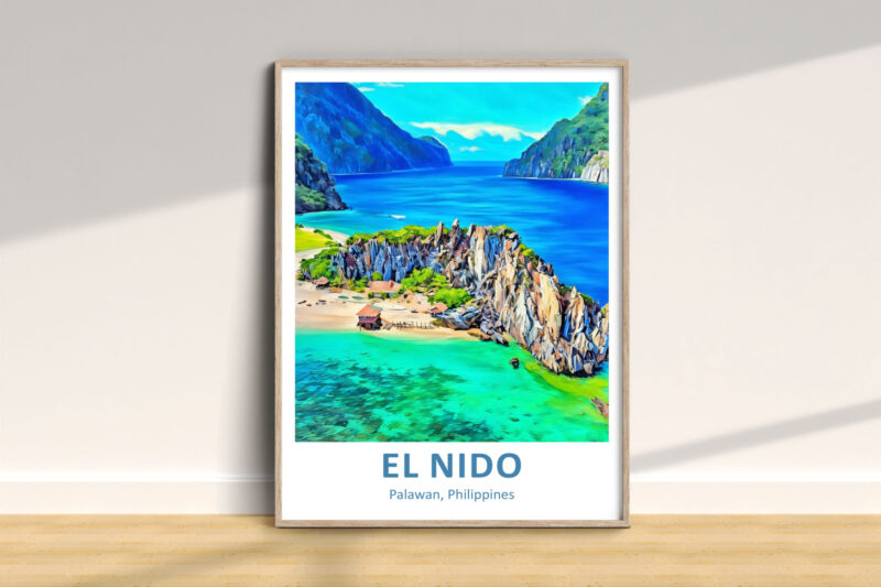 Colorful El Nido landscape illustration in frame.