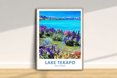 Lake Tekapo illustration with colorful lupins, New Zealand.