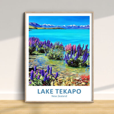 Lake Tekapo illustration with colorful lupins, New Zealand.