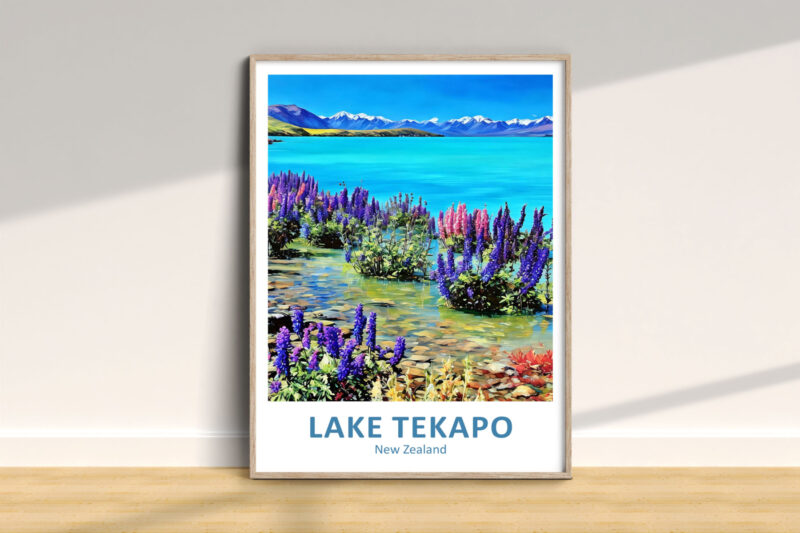 Lake Tekapo illustration with colorful lupins, New Zealand.