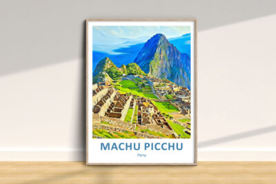 Framed artwork of Machu Picchu on wall display.