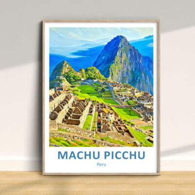 Framed artwork of Machu Picchu on wall display.