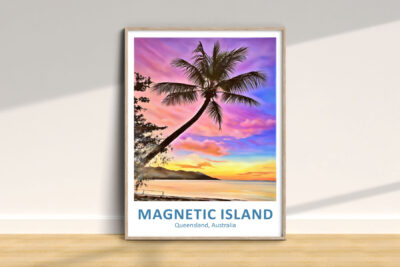 Colorful sunset over Magnetic Island beach scene.