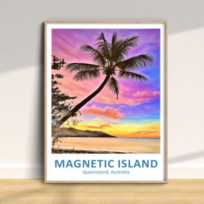 Colorful sunset over Magnetic Island beach scene.
