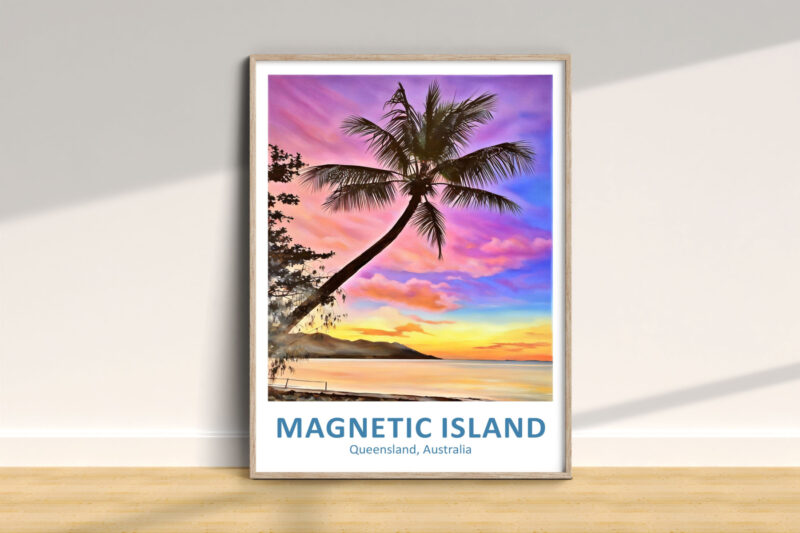 Colorful sunset over Magnetic Island beach scene.