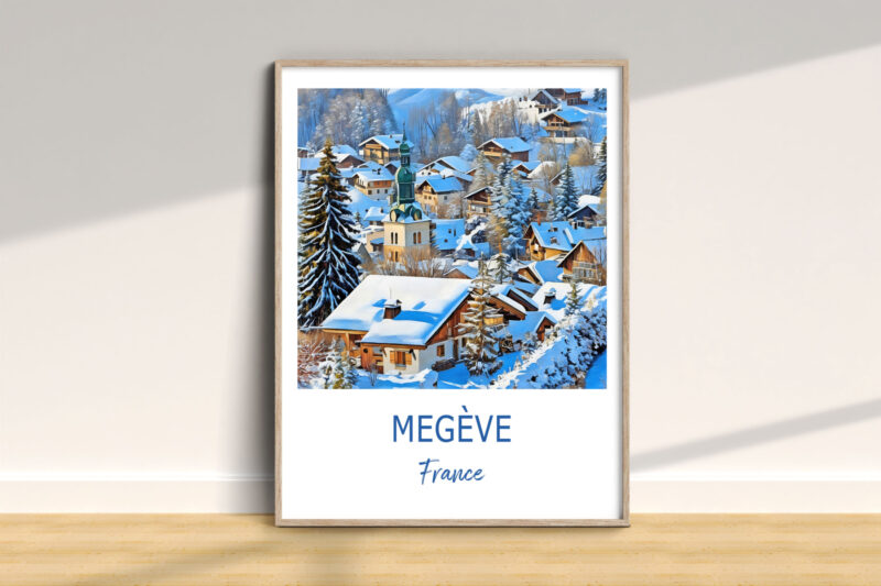 Snowy mountain village illustration, Megève France.