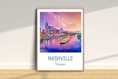 Nashville skyline art print with riverboat at sunset.