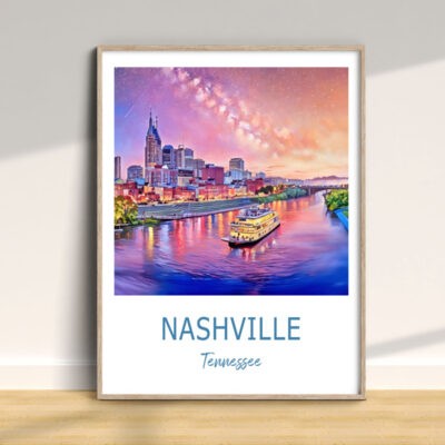 Nashville skyline art print with riverboat at sunset.