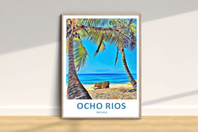 Ocho Rios beach art with palm trees, Jamaica.