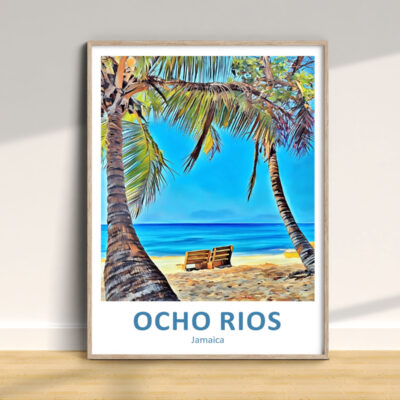 Ocho Rios beach art with palm trees, Jamaica.