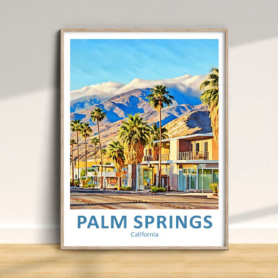 Palm Springs poster with mountain and palm trees