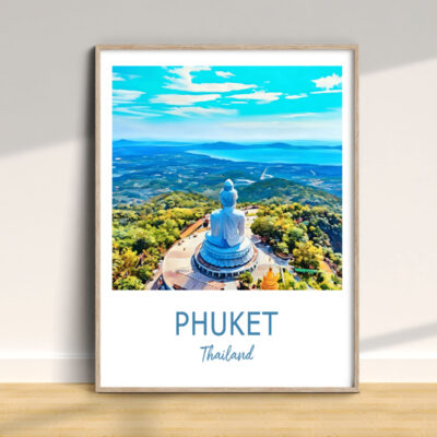Phuket poster with scenic view and Buddha statue.