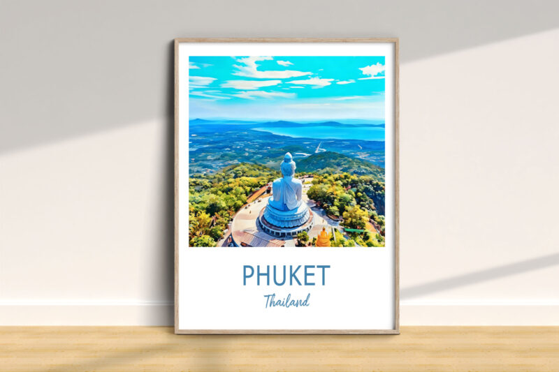 Phuket poster with scenic view and Buddha statue.