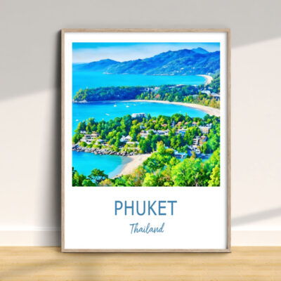 Colorful framed poster of Phuket, Thailand coastline.