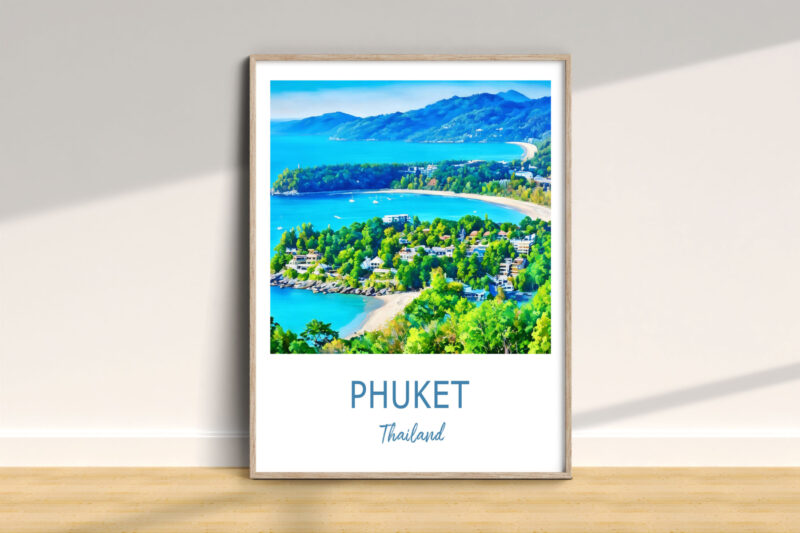 Colorful framed poster of Phuket, Thailand coastline.